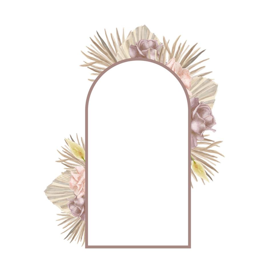 cadre vectoriel de décoration florale bohème. modèle d'invitation de conception de décoration d'arche de mariage avec lunaria séchée exotique aquarelle, rose, feuilles florales et sèches d'herbe de pampa.