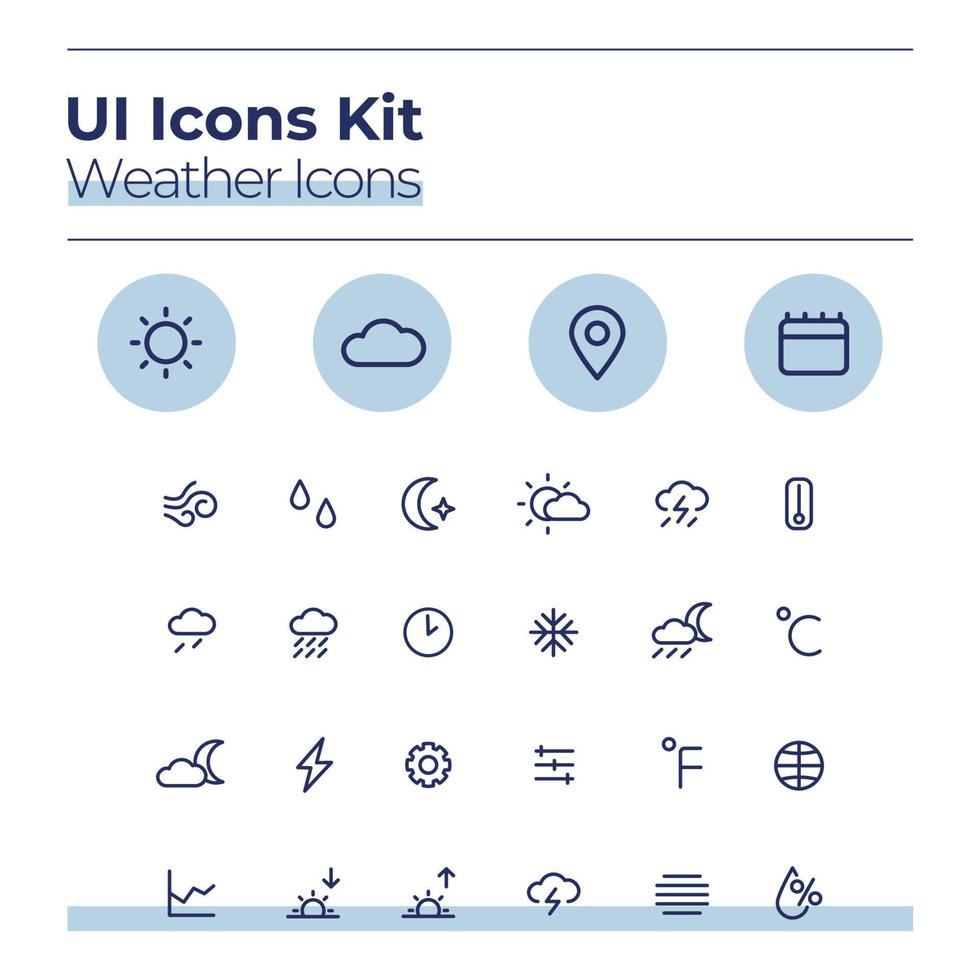 kit d'icônes d'interface utilisateur météo. prévoir le jeu de symboles vectoriels en ligne mince. ensoleillé et nuageux. climat chaud et froid. boutons d'application mobile de météorologie dans le pack de cercles bleus. collection d'éléments de conception web vecteur