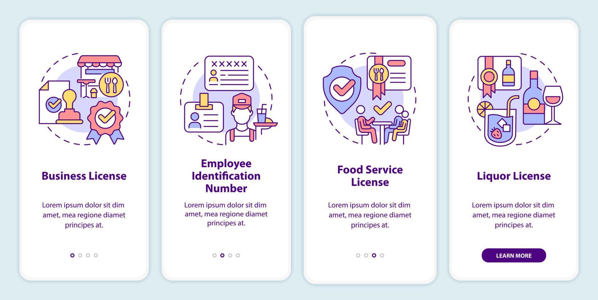 écran d'application mobile d'intégration des licences d'entreprise de restaurant. procédure pas à pas en 4 étapes instructions graphiques modifiables avec des concepts linéaires. ui, ux, modèle d'interface graphique. vecteur