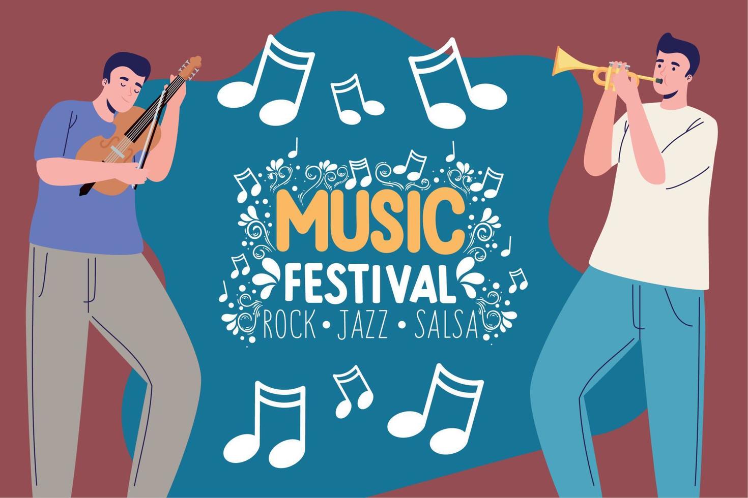 lettrage du festival de musique avec des musiciens masculins vecteur