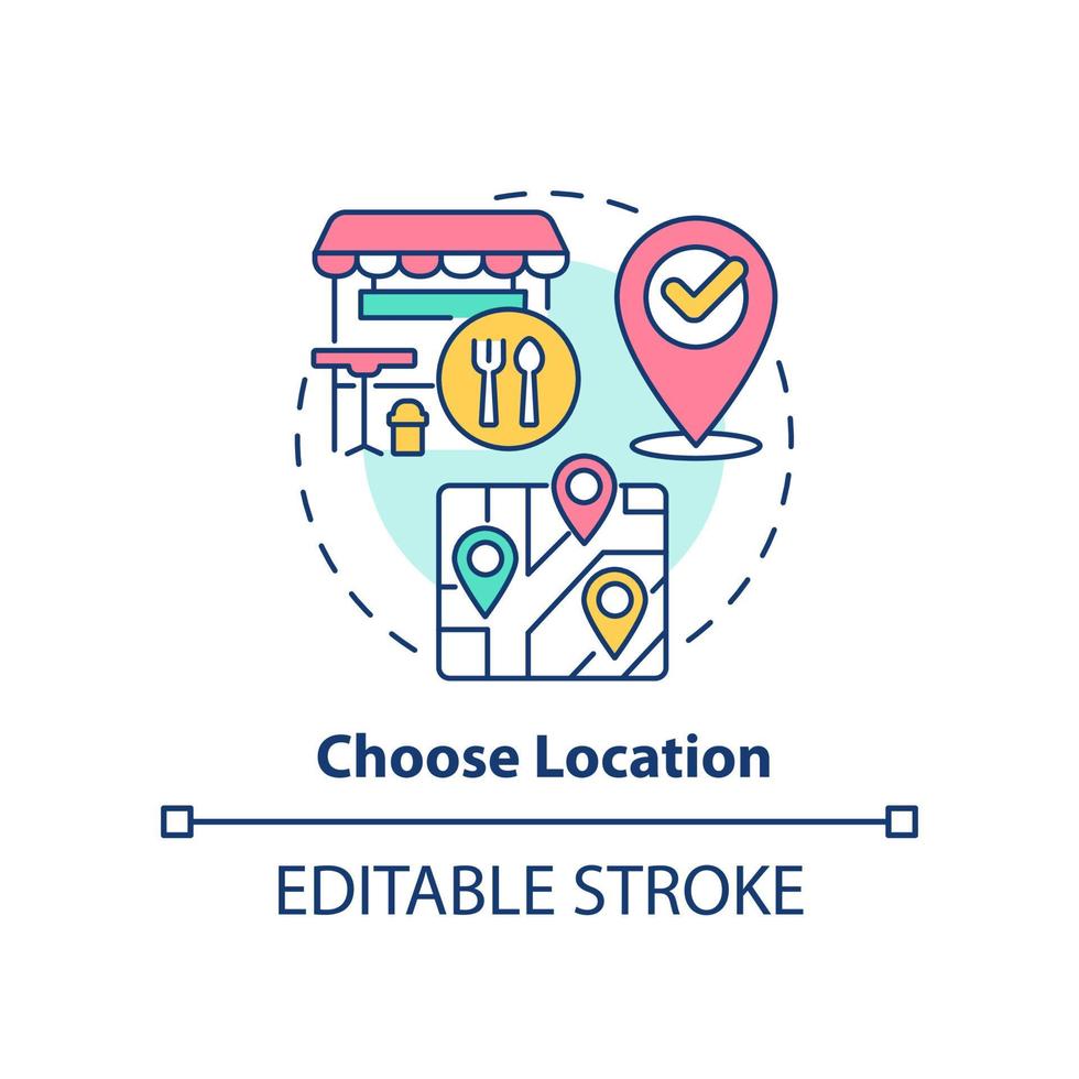 choisissez l'icône de concept d'emplacement. illustration de ligne mince idée abstraite de plan d'affaires de petit restaurant. site avec parking privé. dessin de contour isolé. trait modifiable. vecteur