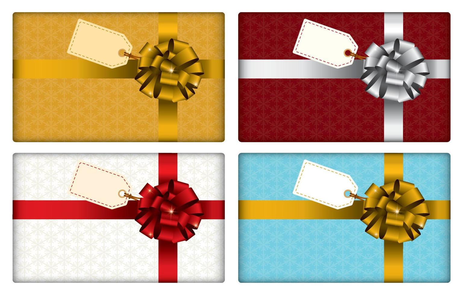 illustration vectorielle vue de dessus de cadeaux et ruban sur papier d'emballage cadeau motif flocons de neige avec étiquette vierge. différentes couleurs de coffrets cadeaux avec espace vide. fond de noël. vecteur