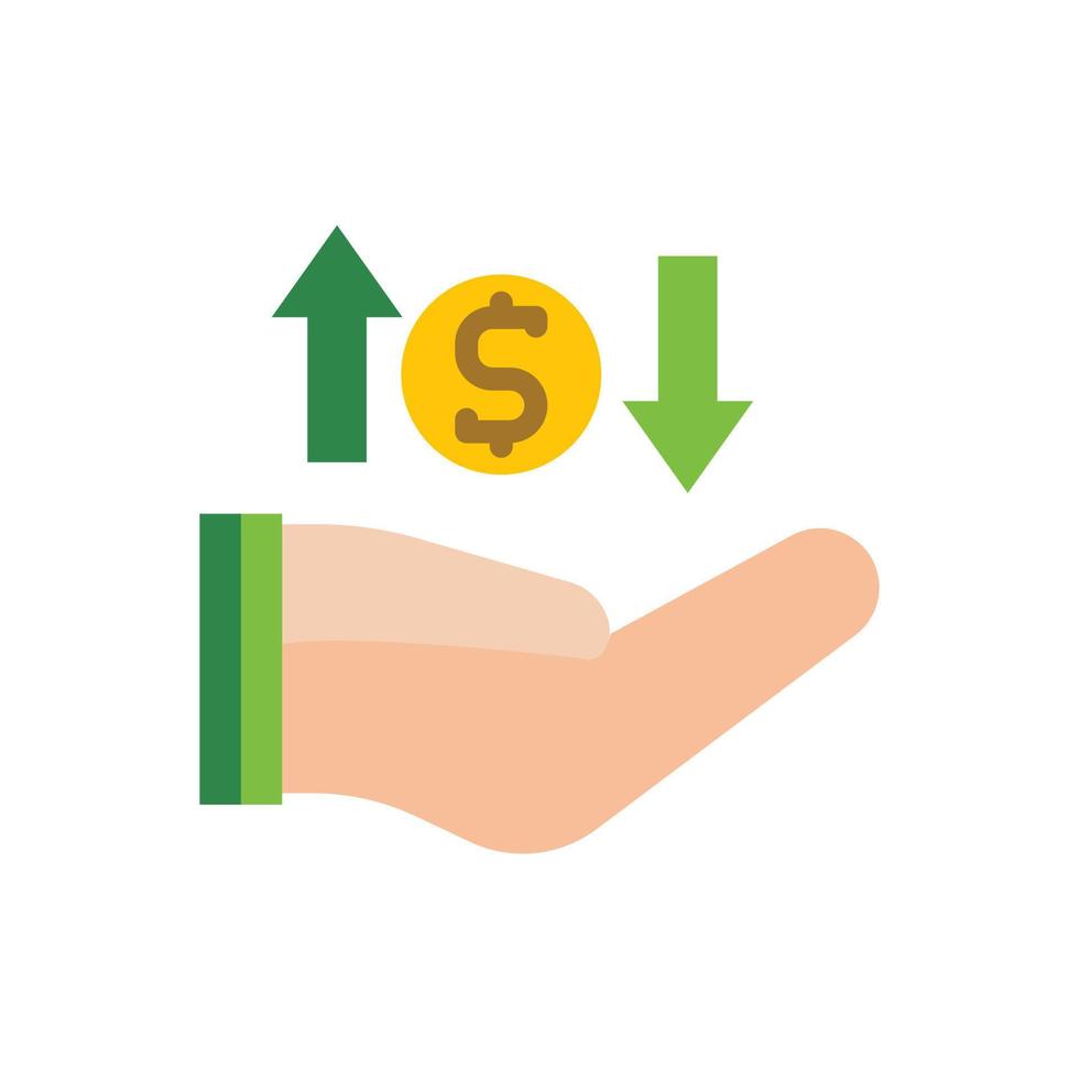 illustration vectorielle icône gain plat, pièce de monnaie, or, main, transaction, argent. vecteur