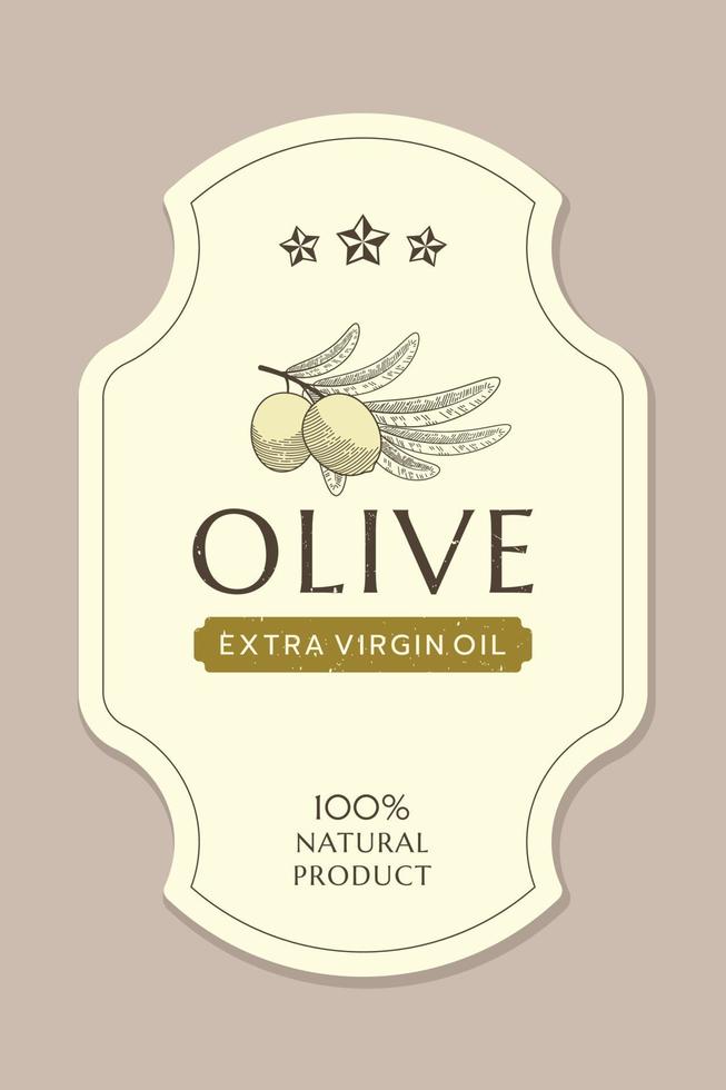 modèle d'étiquette d'huile d'olive avec branche d'olivier en style vintage, dessiné à la main et en ligne vecteur