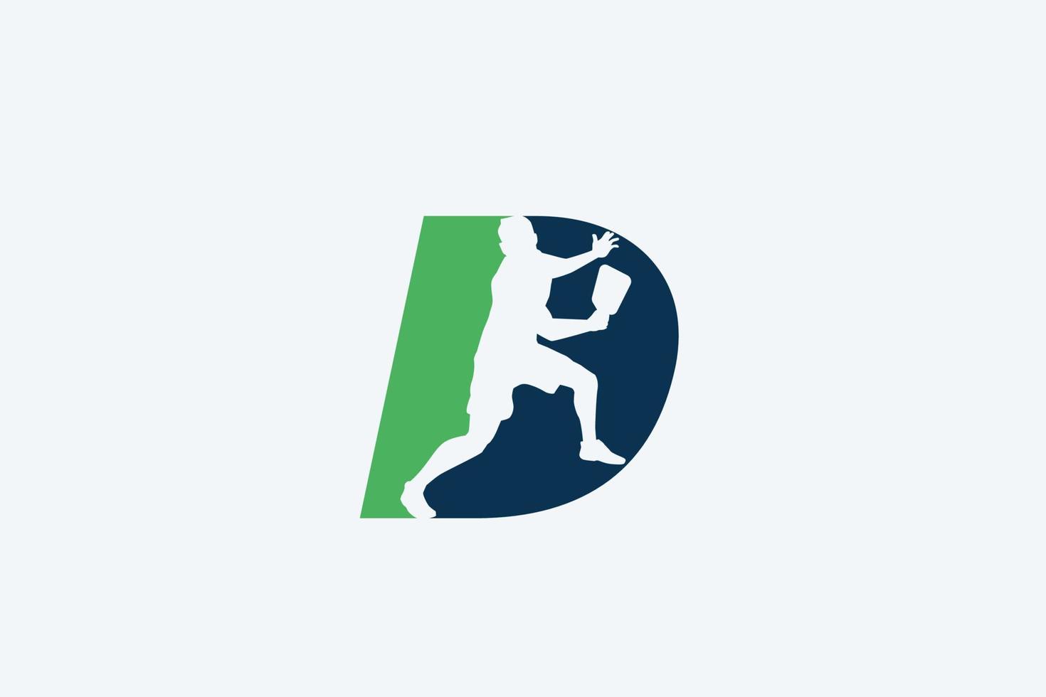 logo de pickleball avec une combinaison de la lettre d et de la silhouette d'un joueur de pickleball vecteur