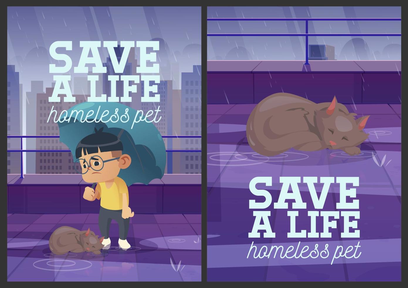 sauver une vie conception d'affiches de dessin animé pour animaux de compagnie sans abri vecteur