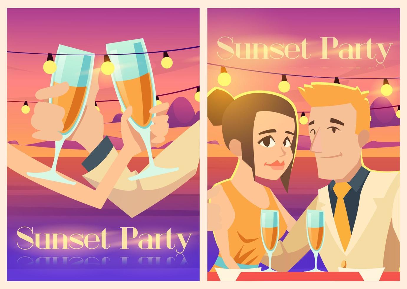 affiche de fête au coucher du soleil avec un couple heureux sur la côte de la mer vecteur