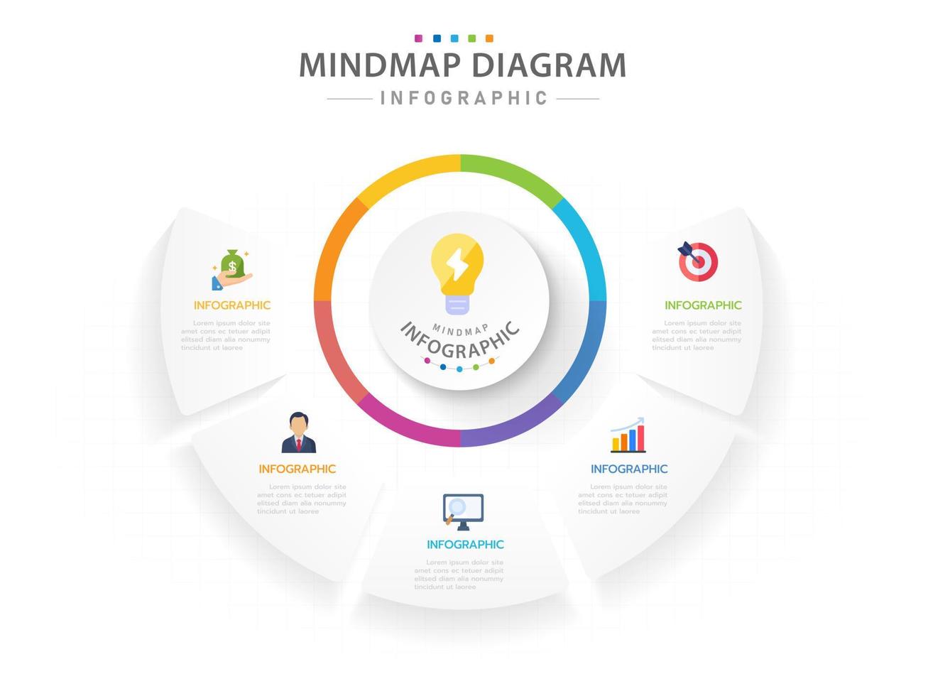 modèle d'infographie pour les entreprises. Diagramme de carte mentale moderne en 5 étapes avec cercles et titres de sujets, infographie vectorielle de présentation. vecteur