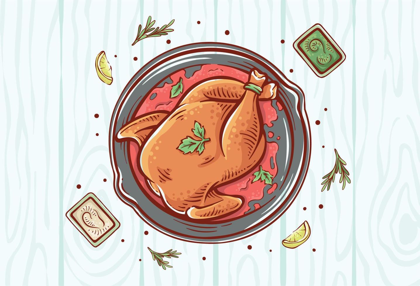 cadre de vue de dessus d'illustration de plat de poulet rôti avec fond de motif en bois. viande de poulet rôtie au four avec sauces, tranche de citron et dessin vectoriel dessiné à la main aux herbes