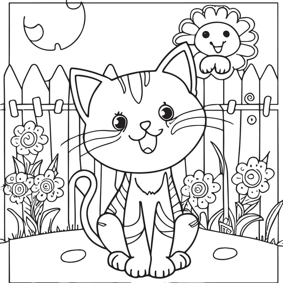 chat heureux jouant dehors. livre de coloriage pour enfants. illustration de contour de dessin animé vecteur