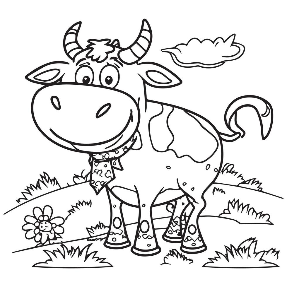 vache heureuse jouant dehors. livre de coloriage pour enfants. illustration de contour de dessin animé vecteur