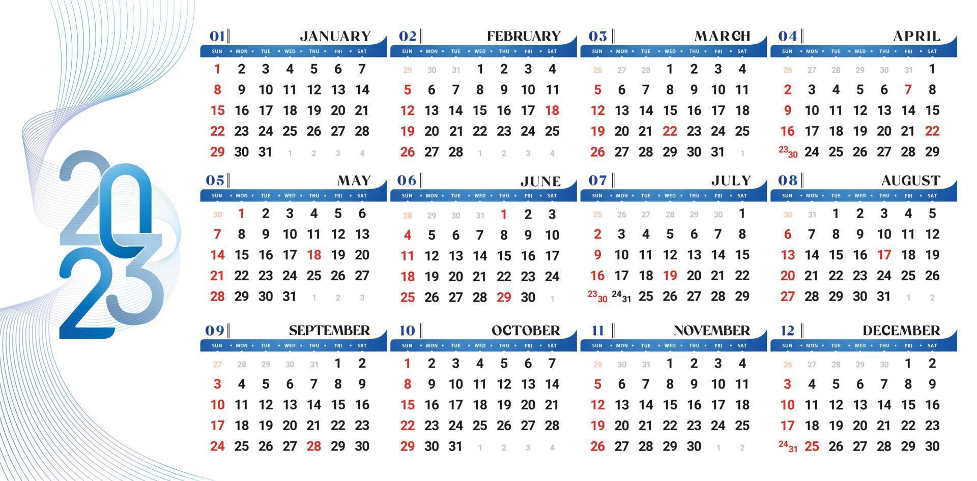 illustration vectorielle de la page de mise en page de l'ensemble complet d'un an du calendrier 2023 pour le planificateur de bureau, modèle de planificateur de conception d'entreprise. concepts de calendrier d'événements, catalogue de projets minimal, prêt à imprimer vecteur