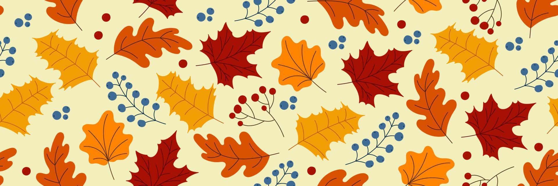 long motif d'automne sans couture avec des baies et des feuilles. modèle sans couture d'automne. charmant motif d'automne. dessiné à la main. illustration vectorielle vecteur