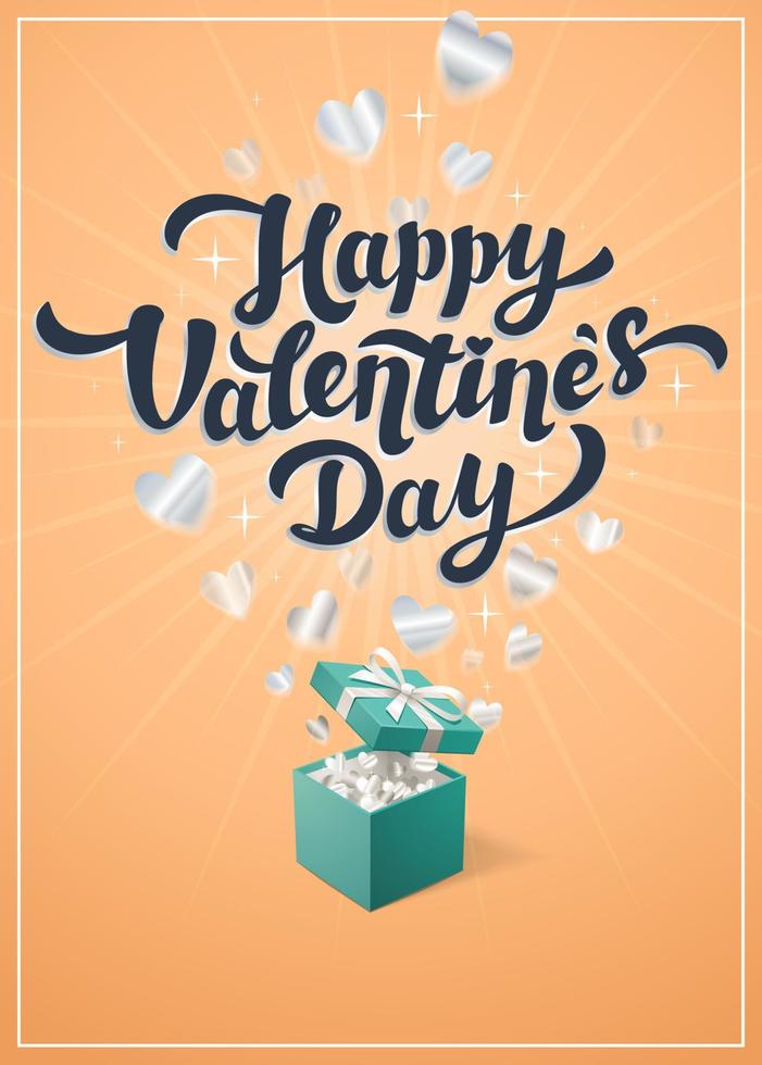 carte de voeux jaune happy valentines day - carte de vecteur de jour d'amour ou affiche avec boîte à bijoux turquoise et cupidons dans les nuages. illustration vectorielle.