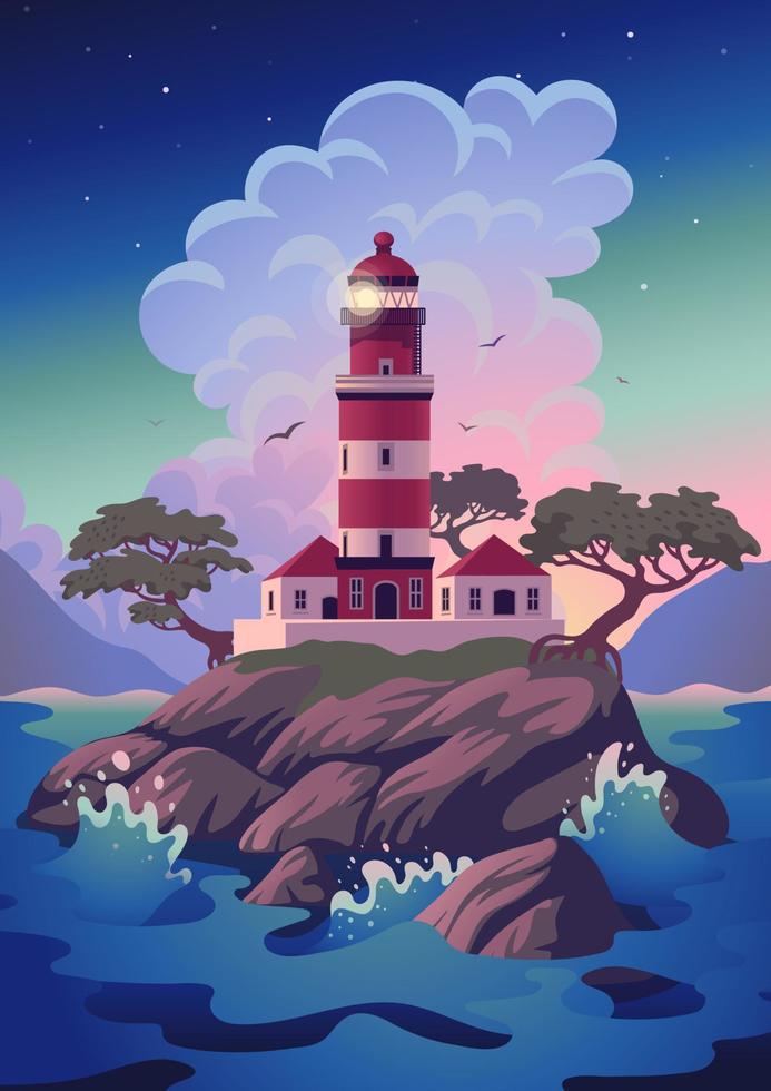 phare - paysage vectoriel. paysage marin avec balise sur la falaise. illustration vectorielle en style cartoon plat vecteur