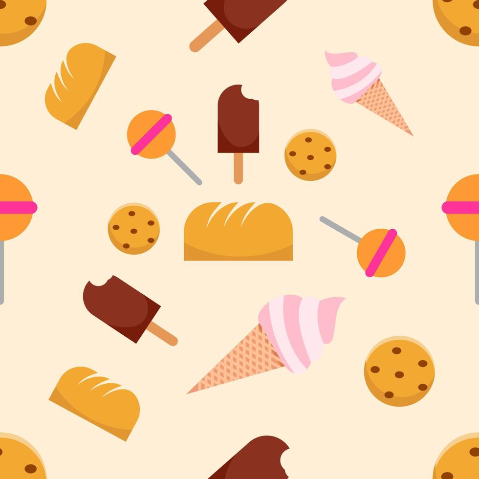 conception de motif alimentaire delecius, crème glacée, gâteau, bonbons et pain vecteur