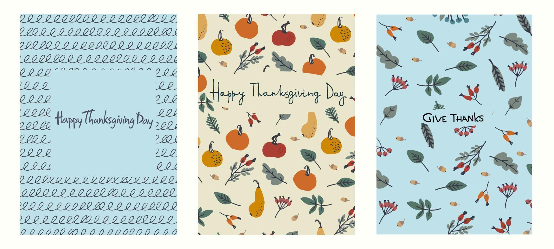 conception de jeu de cartes de joyeux thanksgiving. phrase de salutation manuscrite, décoration avec citrouilles, feuilles, baies, glands de chêne sur fond bleu clair vecteur