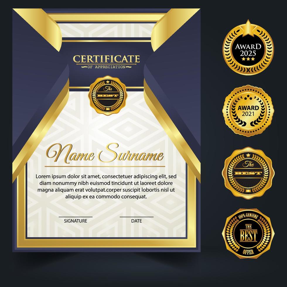conception de modèle de certificat de couleur bleu et or. certificat de réussite avec un insigne d'or vecteur
