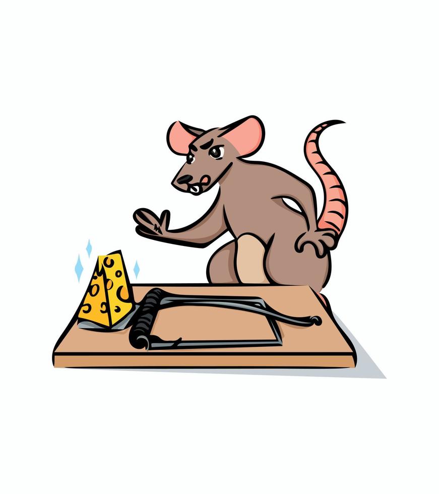 le charmant rat regarde le fromage dans la souricière. concept d'élément de conception pour la conception de sites de menu de bannières de brochures. illustration vectorielle. image isolée sur fond blanc vecteur