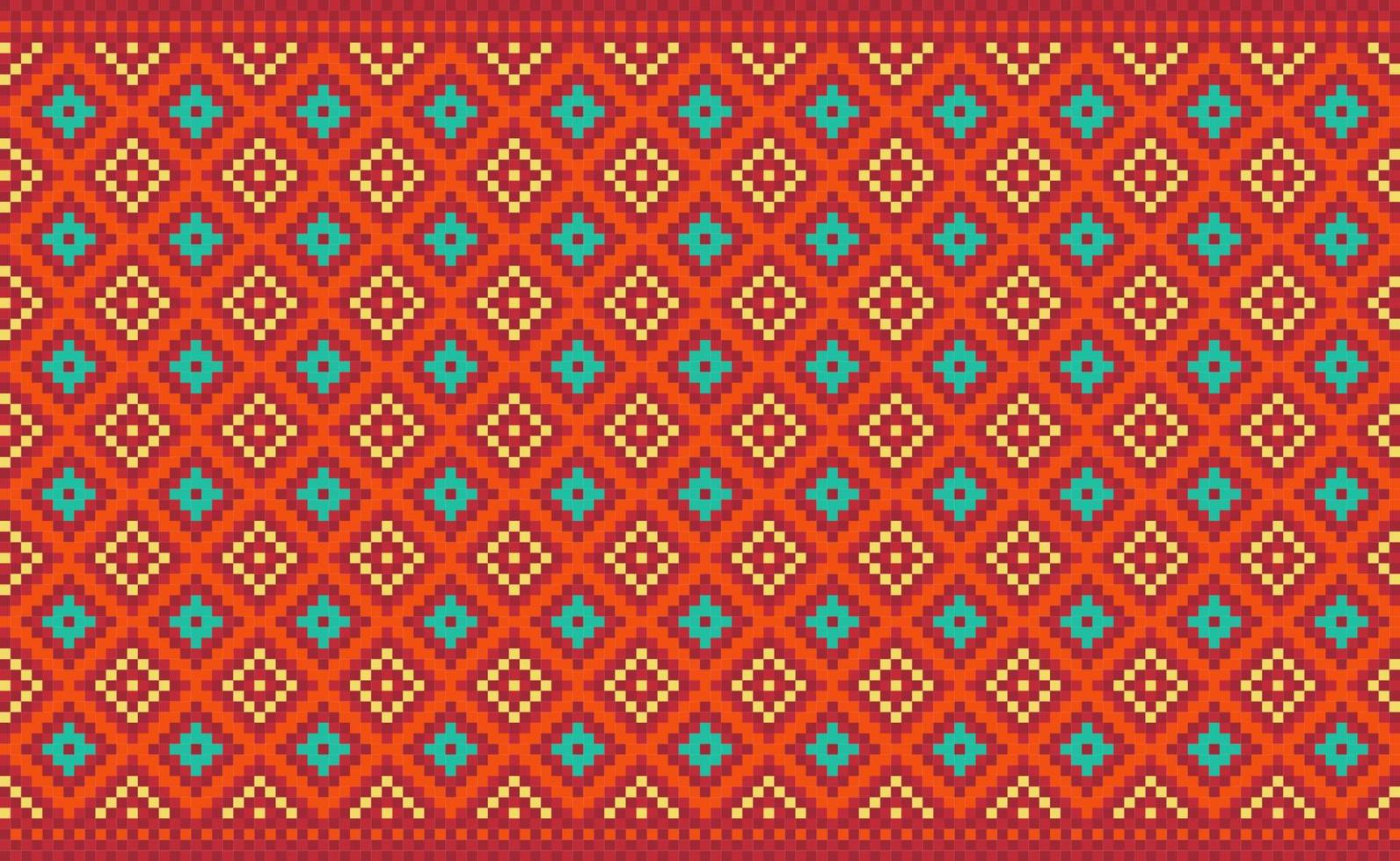 motif ethnique pixel, arrière-plan boho de broderie vectorielle, style aztèque de culture géométrique rouge et jaune vecteur