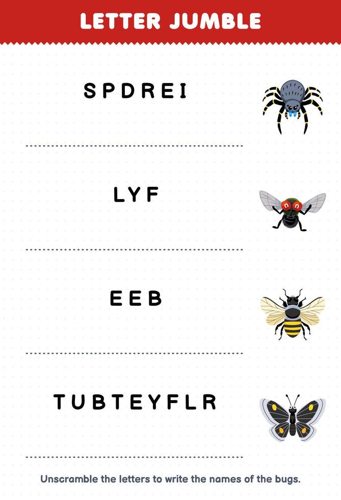 jeu d'éducation pour les enfants lettre pêle-mêle écrire le nom correct pour dessin animé mignon araignée mouche abeille papillon feuille de calcul de bogue imprimable vecteur