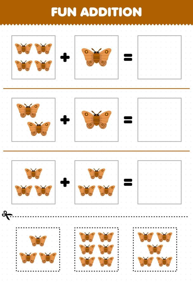 jeu éducatif pour les enfants ajout amusant par coupe et correspondance d'images de papillon de nuit de dessin animé mignon pour la feuille de calcul de bogue imprimable vecteur