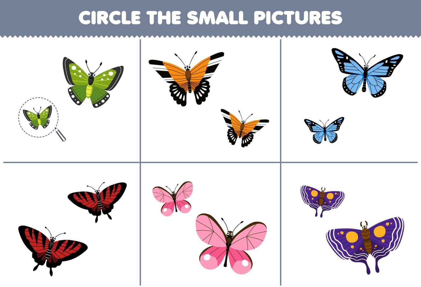 jeu éducatif pour les enfants choisissez la petite image de la feuille de calcul de bogue imprimable de papillon de dessin animé mignon vecteur