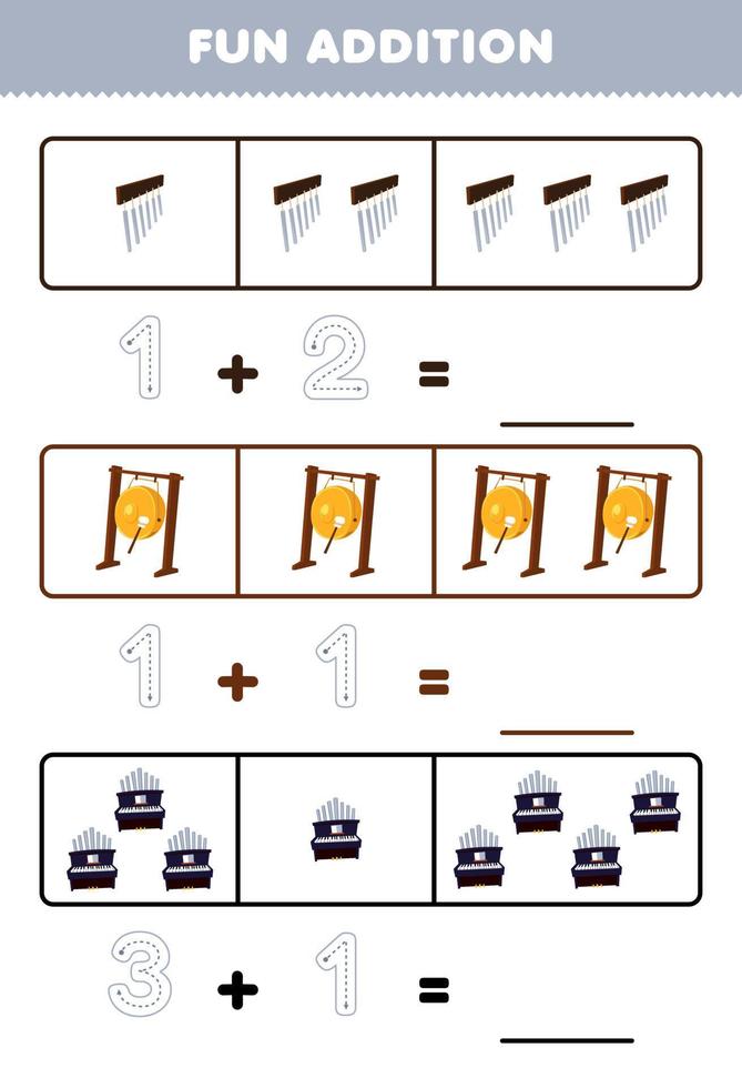 jeu éducatif pour les enfants addition amusante en comptant et en traçant le nombre de carillons de dessins animés orgue de gong feuille de travail imprimable sur les instruments de musique vecteur