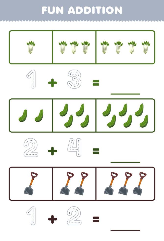 jeu éducatif pour les enfants addition amusante en comptant et en traçant le nombre de dessin animé mignon céleri concombre houe feuille de travail imprimable de légumes vecteur