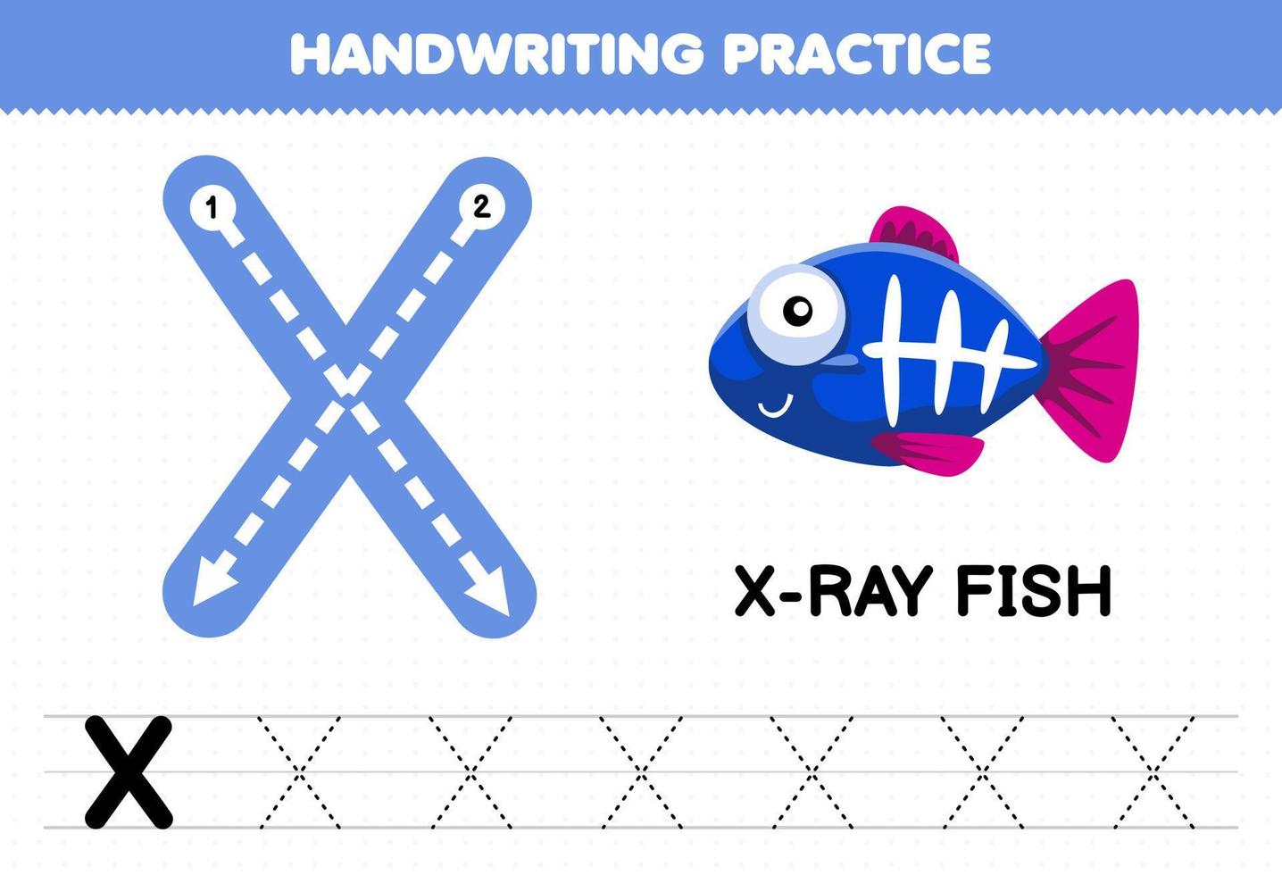 jeu éducatif pour les enfants pratique de l'écriture manuscrite avec des lettres majuscules x pour la feuille de travail imprimable du poisson aux rayons X vecteur