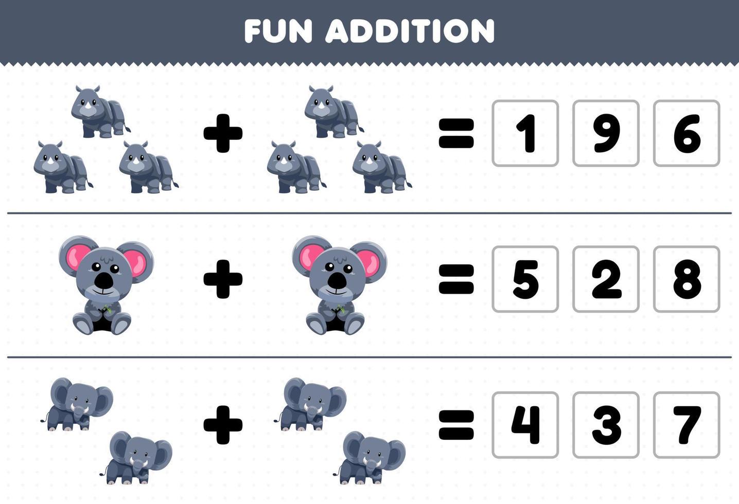 jeu éducatif pour les enfants ajout amusant en devinant le nombre correct de dessin animé mignon rhinocéros koala éléphant feuille de travail imprimable sur les animaux vecteur