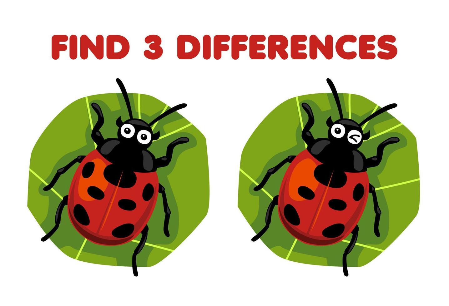 jeu éducatif pour les enfants trouver trois différences entre deux feuille de calcul de bogue imprimable coccinelle de dessin animé mignon vecteur