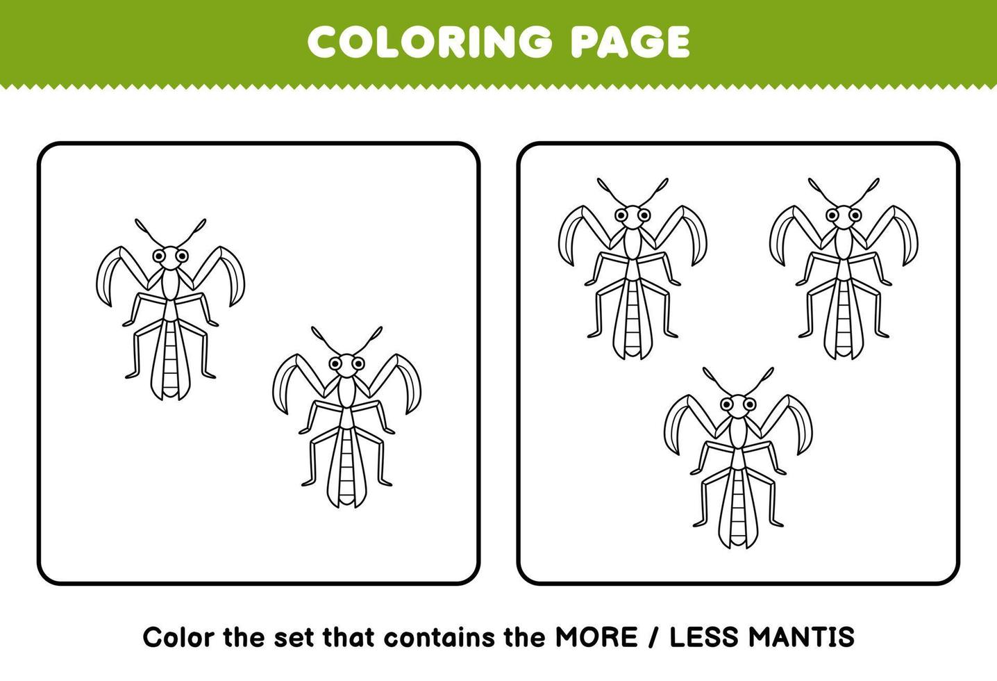 jeu d'éducation pour les enfants coloriage plus ou moins image de dessin animé mignon mante dessin au trait ensemble feuille de calcul de bogue imprimable vecteur