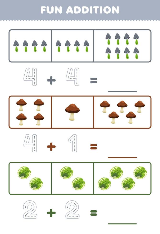 jeu éducatif pour les enfants addition amusante en comptant et en traçant le nombre de feuille de travail de légumes imprimable pelle champignon chou dessin animé mignon vecteur