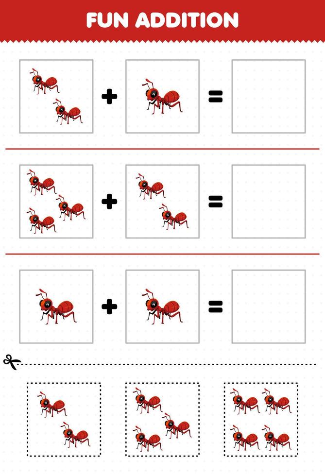 jeu éducatif pour les enfants ajout amusant par coupe et correspondance d'images de fourmi de dessin animé mignon pour la feuille de calcul de bogue imprimable vecteur