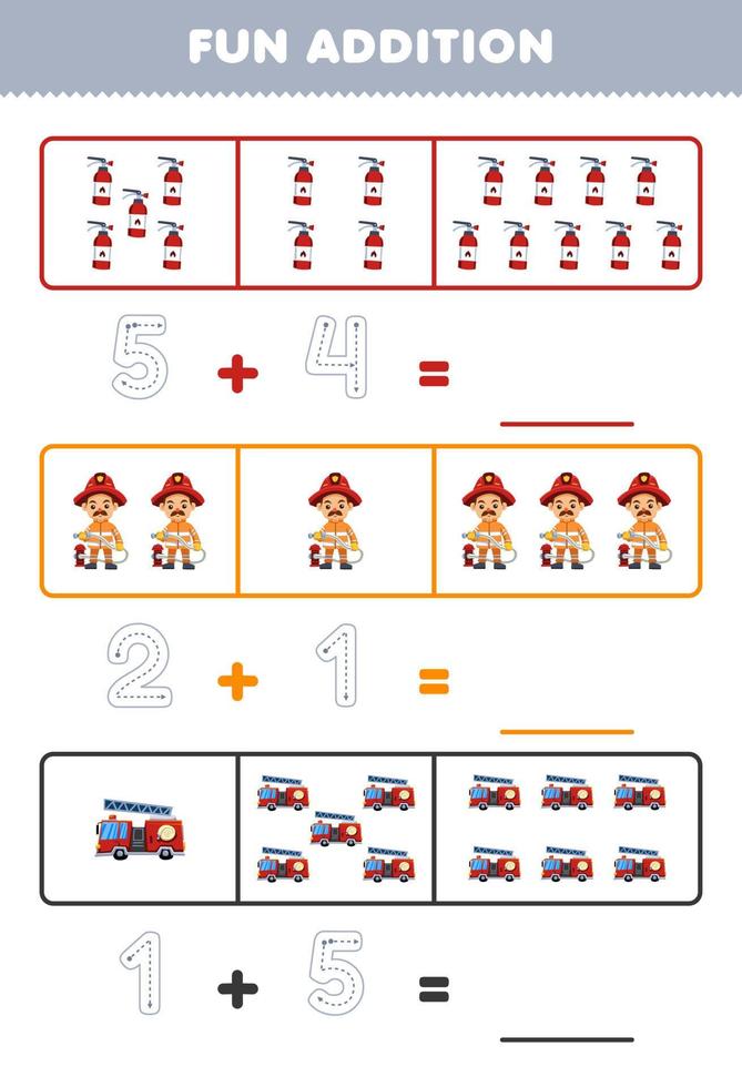 jeu éducatif pour les enfants addition amusante en comptant et en traçant le nombre de dessin animé mignon extincteur pompier pompier feuille de travail imprimable profession vecteur