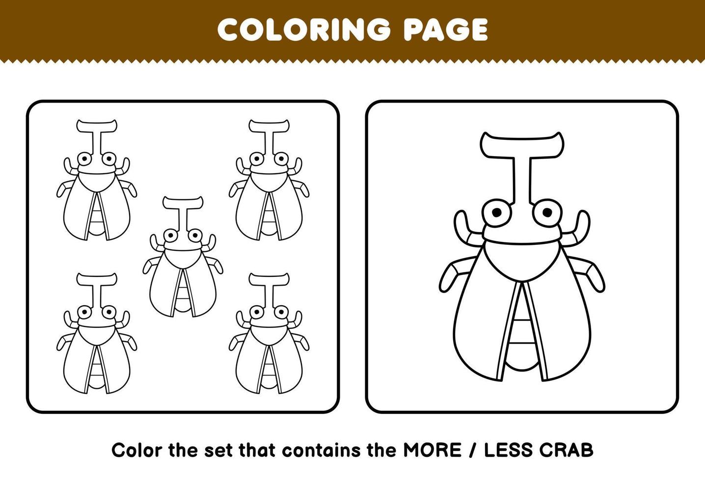 jeu d'éducation pour les enfants coloriage plus ou moins image de dessin animé mignon scarabée dessin au trait ensemble feuille de calcul de bogue imprimable vecteur