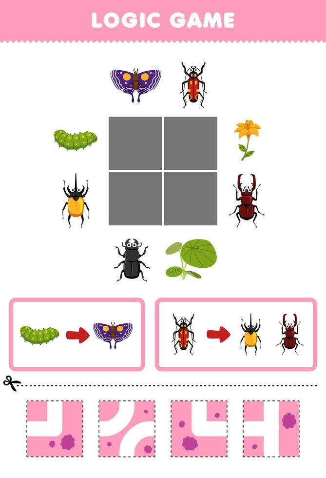 jeu éducatif pour les enfants casse-tête logique construire la route pour la chenille passer au papillon et au scarabée feuille de calcul de bogue imprimable vecteur