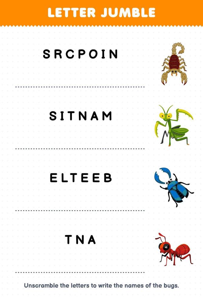 jeu d'éducation pour les enfants lettre pêle-mêle écrire le nom correct pour dessin animé mignon scorpion mante coléoptère fourmi feuille de calcul de bogue imprimable vecteur