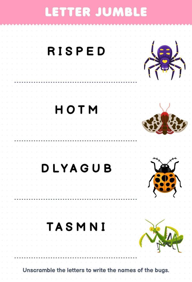 jeu d'éducation pour les enfants lettre pêle-mêle écrire le nom correct pour dessin animé mignon araignée coccinelle mante feuille de calcul de bogue imprimable vecteur