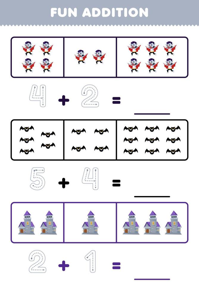 jeu éducatif pour les enfants addition amusante en comptant et en traçant le nombre de dessin animé mignon château de chauve-souris dracula feuille de calcul imprimable halloween vecteur