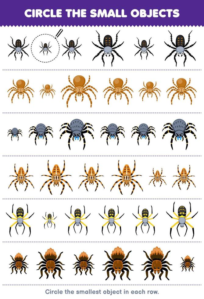 jeu éducatif pour les enfants encerclez le plus petit objet dans chaque rangée de feuille de calcul de bogue imprimable araignée de dessin animé mignon vecteur
