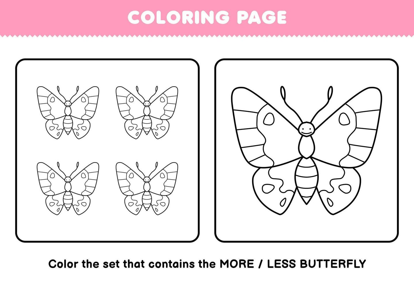 jeu d'éducation pour les enfants coloriage plus ou moins image de dessin animé mignon papillon dessin au trait ensemble feuille de calcul de bogue imprimable vecteur