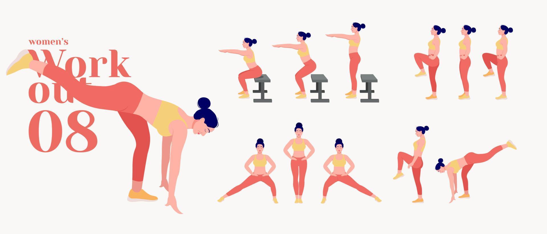 ensemble de fille d'entraînement. femme faisant des exercices de fitness et de yoga. fentes et squats, planche et abc. entraînement complet du corps. vecteur