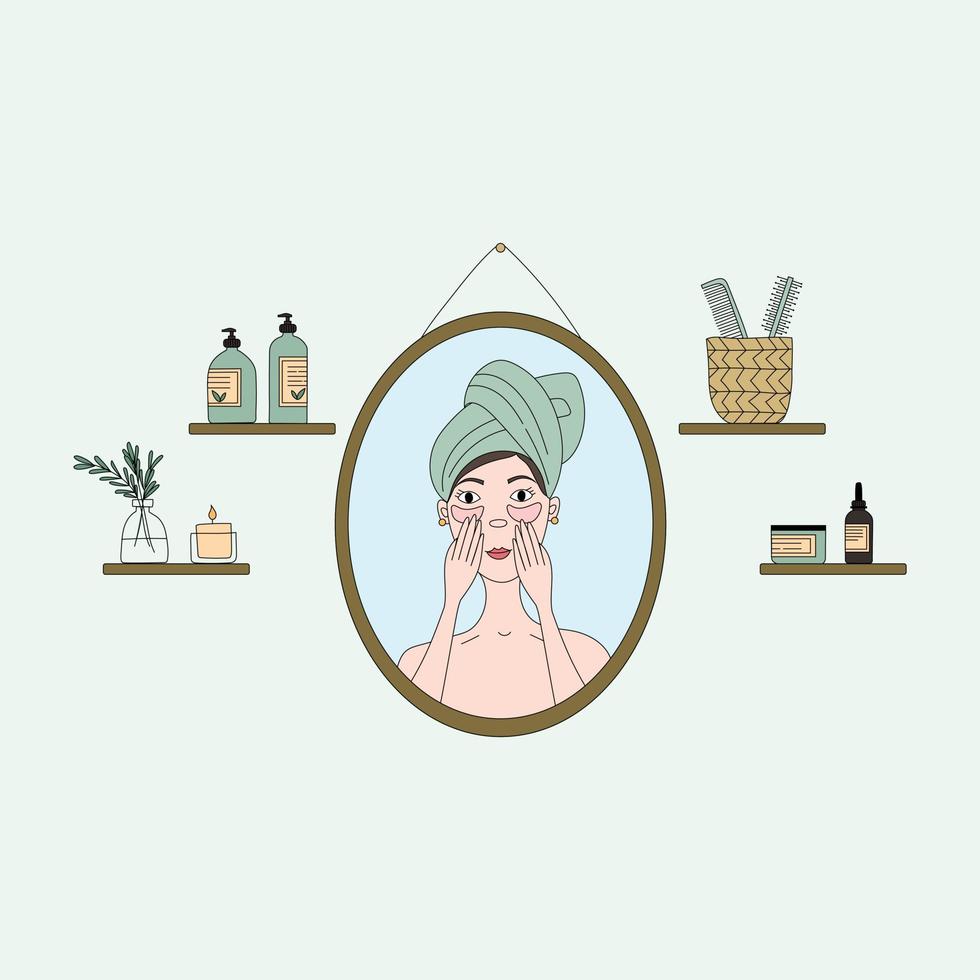 rituel beauté. concept de soins de la peau du visage et du corps. femme se regardant dans le miroir. jolie fille avec divers produits cosmétiques et accessoires dans une salle de bain. doodle vectoriel dessiné à la main.