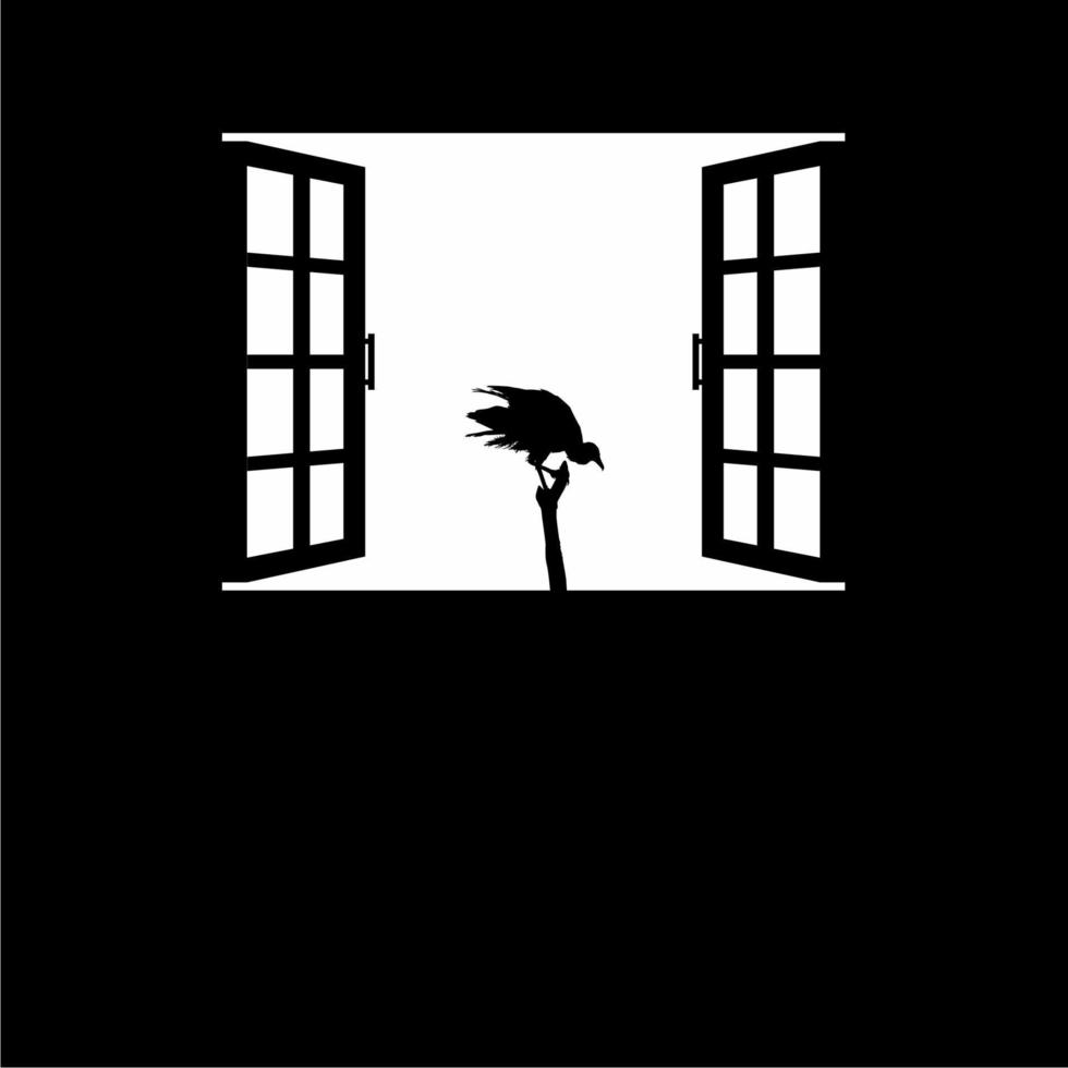 oiseau vautour noir sur la silhouette de la fenêtre. illustration effrayante, d'horreur, effrayante, mystérieuse ou criminelle. illustration pour un film d'horreur ou un élément de conception d'affiche d'halloween. illustration vectorielle vecteur