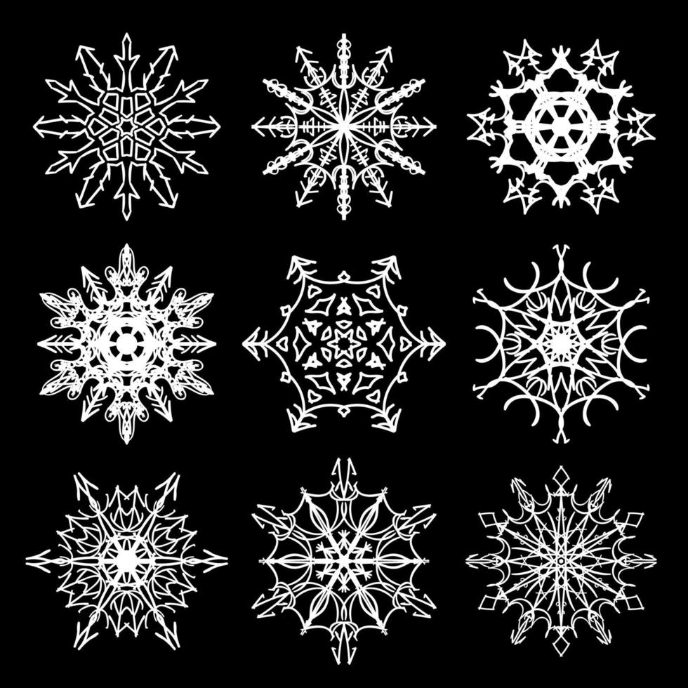 ensemble de neuf belles silhouettes de flocon de neige dessinées vecteur