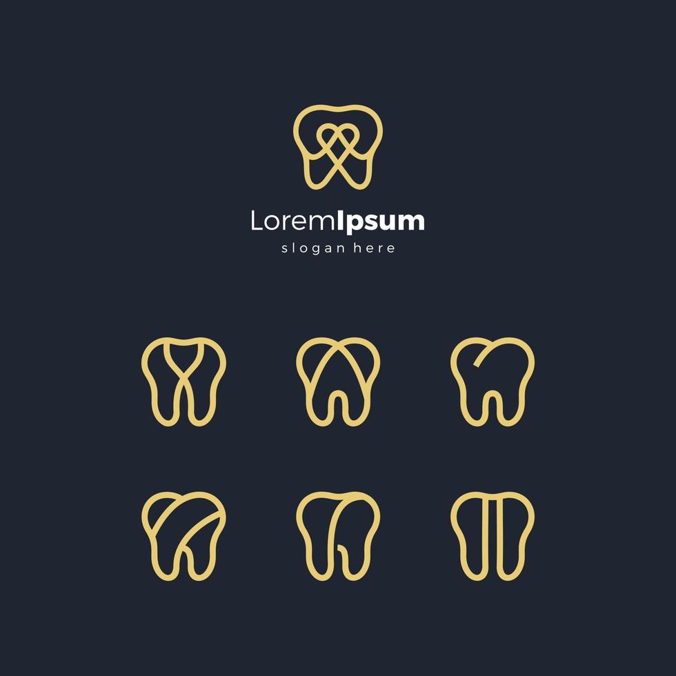 définir le logo dentaire sur la couleur or. collection de vecteurs de conception de logos de dentiste à une seule ligne. Ensemble d'icônes de dent isolées sur fond noir vecteur