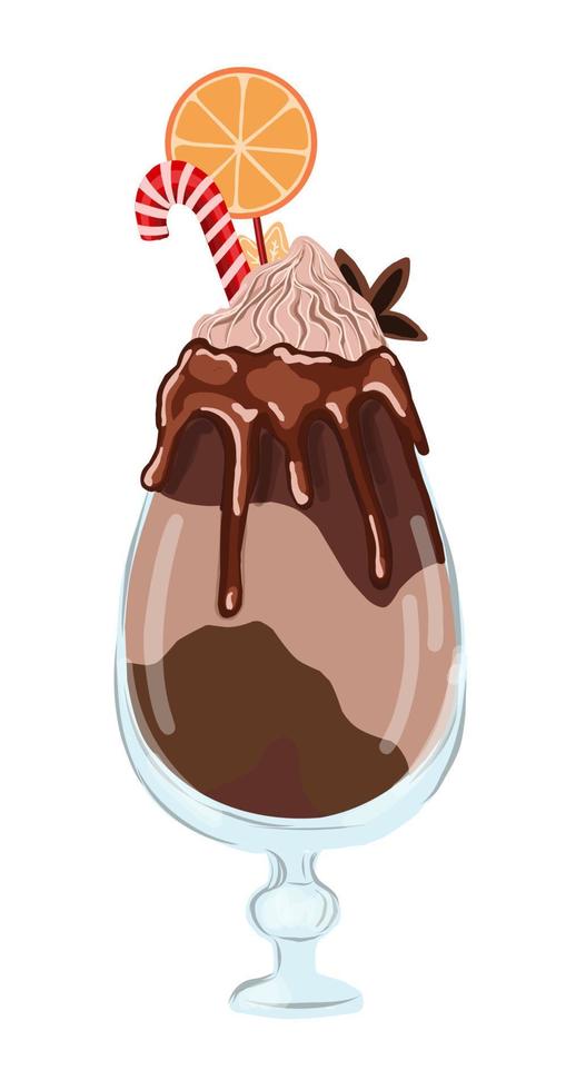 carte postale d'entreprise pour café-bar. cappuccino ou frappuccino dans un verre. illustration vectorielle dessinés à la main. boisson d'hiver à la crème et aux épices. vecteur