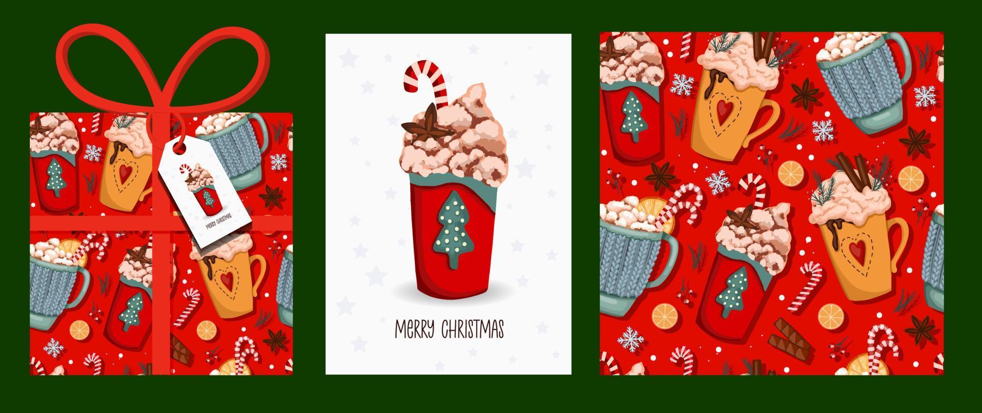 ensemble de noël, ensemble de modèles de noël et du nouvel an pour le scrapbooking de voeux, félicitations, invitations, étiquettes, cartes. illustration vectorielle. modèles artistiques créatifs avec des tasses d'hiver. vecteur